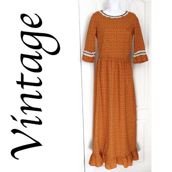 Vintage 70s orange/yellow floral maxi dress - Picture 1 of 6
